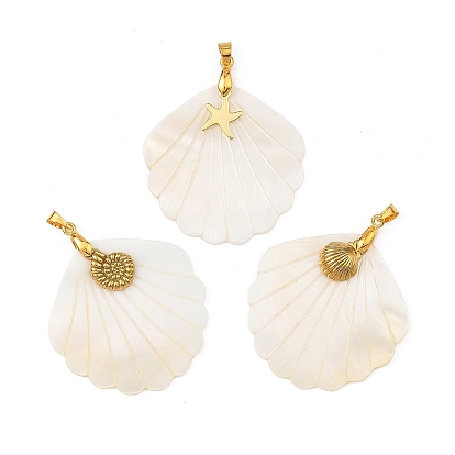 Резные подвески из натуральных пресноводных ракушек, Подвески в форме ракушек с подвесками в виде морских животных из нержавеющей стали и латунными зажимами., золотые, разнообразные
