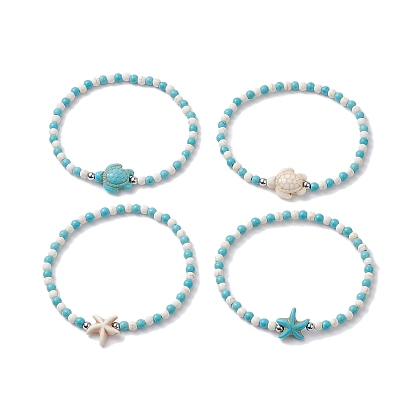 4Pcs 4 Style Dyed Synthetic Turquoise Starfish & Turtle Beaded Stretch Bracelets Set for Women