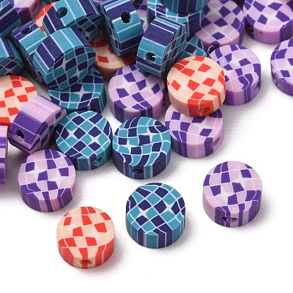 Handmade Polymer Clay Beads, Flat Round with Mosaic Pattern