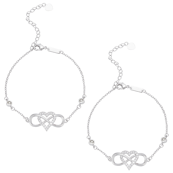 2шт. латунные браслеты с сердечками бесконечности, плоские круглые браслеты из кубического циркония для женщин