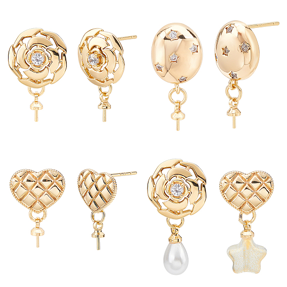 12Pcs Brass Stud Earring Findings, with 925 Sterling Silver Pins and Cup Peg Bails, for Half Drilled Bead, Cadmium Free & Nickel Free & Lead Free, with 40pcs Plastic Ear Nuts
