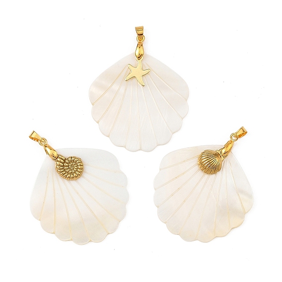 Natural Freshwater Shell Carved Pendants, Shell Shape Charms with 304 Stainless Steel Sea Animals Charms and Brass Pinch Bails, Golden, Mixed Shapes