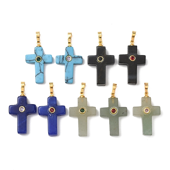 Драгоценный камень подвески, Религиозные крестики-подвески с фурнитурой из латуни, инкрустированной микрофиброй (случайного цвета)., золотые