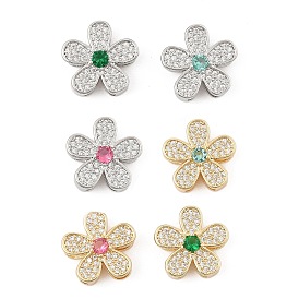 Brass Micro Pave Cubic Zirconia Slide Charms, Long-Lasting Plated, Flower