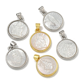 Rack Plating Brass Pave Natural White Shell Pendants, Flat Round Charms