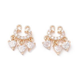 Brass Micro Pave Clear Cubic Zirconia Pendants, Moon with Heart