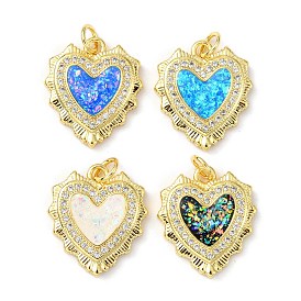 Brass Micro Pave Cubic Zirconia Pendants, with Synthetic Opal and Jump Ring, Real 18K Gold Plated, Heart