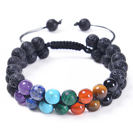 Colorful Natural Stone Bracelet with Lava Rock and Amethyst Beads - Handmade Woven Jewelry