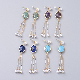 Pendientes colgantes de piedras preciosas, con perlas de imitación de plástico y aretes de latón, oval