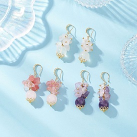 3 Pairs 3 Styles Gemstone Beaded Chip Dangle Earrings, with Brass Earring Hooks, Golden