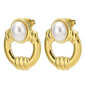 Ion Plating(IP) 304 Stainless Steel Ring Stud Earrings, with ABS Imitation Pearl
