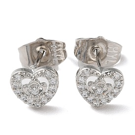 Brass Rhinestone Stud Earrings, Heart Crown