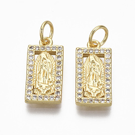 Brass Micro Pave Clear Cubic Zirconia Pendants, Lady of Guadalupe Charms, with Jump Ring, Nickel Free, Rectangle with Virgin Mary