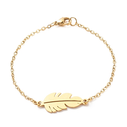 201 Stainless Steel Feather Link Bracelet with 304 Stainless Steel Cable Chains for Women