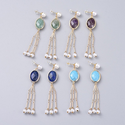 Pendientes colgantes de piedras preciosas, con perlas de imitación de plástico y aretes de latón, oval