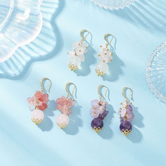 3 Pairs 3 Styles Gemstone Beaded Chip Dangle Earrings, with Brass Earring Hooks, Golden