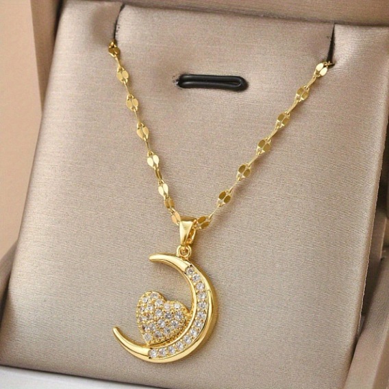 Ожерелья с подвесками из латуни с микропаве из прозрачных кубических цирконий в форме луны и сердца