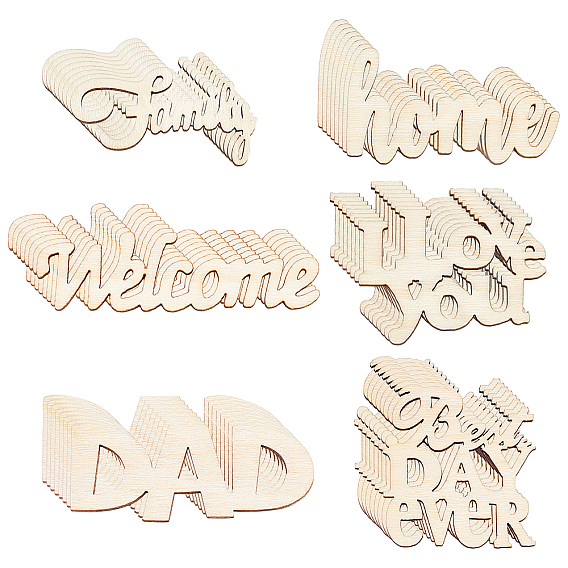 Natural Wood Cabochons, Undyed, Laser Cut, Word, Mixed Shapes
