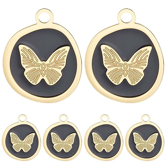 8шт. вакуумное покрытие pvd 201 подвески из нержавеющей стали, с эмалью, плоский круглый с подвеской в виде бабочки, реальный 18 k позолоченный