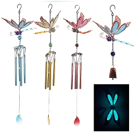 Luminous Iron & Acrylic Dragonfly Pendant Decorations, Bell/Aluminum Tube Tassel Wind Chime for Garden Courtyard Hanging Decoration