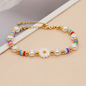 Boho Beach Style Daisy Shell Pearl 4mm Clay Rainbow Bracelet for Women