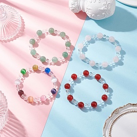 4 шт. 4 комплекты круглых тянущихся браслетов из бусин кошачий глаз, синтетический кварц, натуральный сердолик (окрашенный и нагретый), натуральный розовый кварц, натуральный зеленый авантюрин