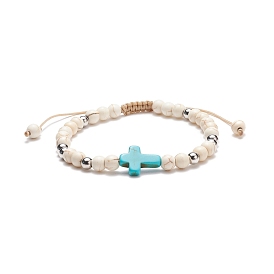 Bracelet de perles tressées en turquoise synthétique (teinte) et magnésite avec croix, bijoux en pierres précieuses pour femmes