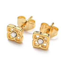 Vacuum Plating 304 Stainless Steel Stud Earrings, with 201 Stainless Steel Ear Nuts, with Rhinestone for Women, Flower