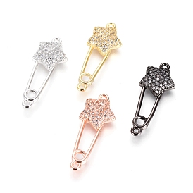 Brass Micro Pave Cubic Zirconia Links Connectors, Safety Pin Shape with Star