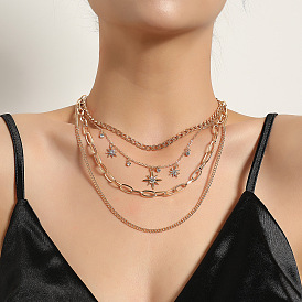 Collier pendentif étoile géométrique plein de diamants pour femmes-bijoux luxueux de forage à eau multicouche avec éclat à la mode