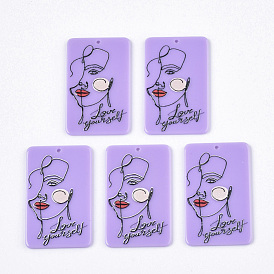 Acrylic Big Pendants, 3D Printed, Rectangle, Abstract Face & Love Yourself Pattern