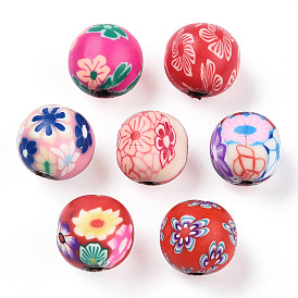 Handmade Polymer Clay Beads, Round with Flower Pattern