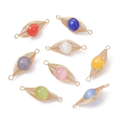 8 шт. 8 цвета медная проволока, обернутая вокруг кошачьего глаза, подвески-коннекторы, ссылки на конский глаз, золотой свет