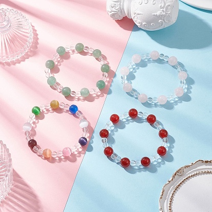 4 шт. 4 комплекты круглых тянущихся браслетов из бусин кошачий глаз, синтетический кварц, натуральный сердолик (окрашенный и нагретый), натуральный розовый кварц, натуральный зеленый авантюрин