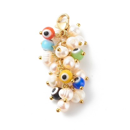 Colgantes de perlas, con cuentas de perlas de agua dulce, hechos a mano de los granos del lampwork del ojo malvado, 304 anillos de salto de acero inoxidable y cierres de pinza de langosta