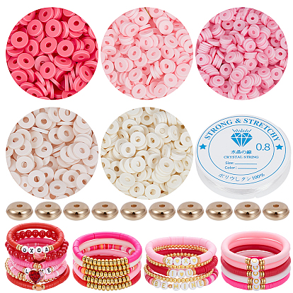 DIY Valentine's Day Bracelets Kits, include 2500Pcs 5 Colors Handmade Polymer Clay Beads, 500Pcs CCB Plastic Spacer Beads, 1 Roll Clear Elastic Crystal Thread