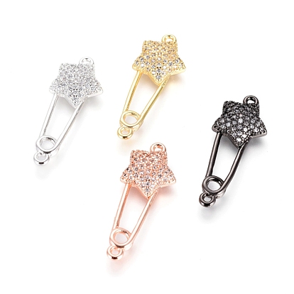 Brass Micro Pave Cubic Zirconia Links Connectors, Safety Pin Shape with Star