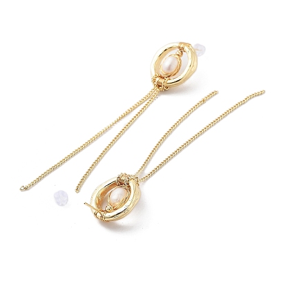 Natural Pearl Tassel Stud Earrings, with Brass Findings and 925 Sterling Silver Pins, Round