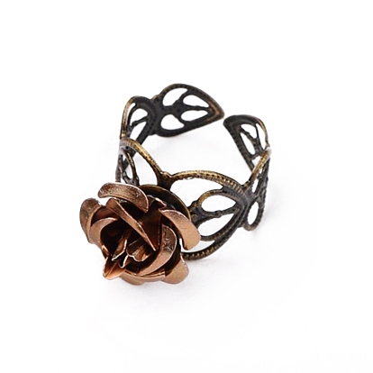 Anillo de puño abierto con rosa de aluminio flocado, anillo grueso hueco de latón para mujer