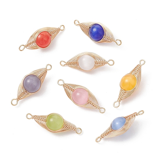8 шт. 8 цвета медная проволока, обернутая вокруг кошачьего глаза, подвески-коннекторы, ссылки на конский глаз, золотой свет