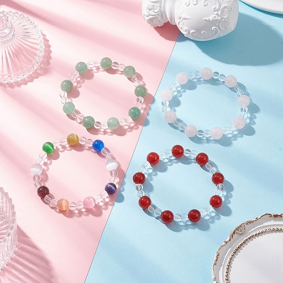 4 шт. 4 комплекты круглых тянущихся браслетов из бусин кошачий глаз, синтетический кварц, натуральный сердолик (окрашенный и нагретый), натуральный розовый кварц, натуральный зеленый авантюрин