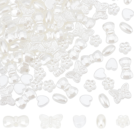 400Pcs 5 Style ABS Plastic Imitation Pearl Beads, Mixed Shapes
