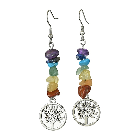 Natural & Synthetic Mixed Stone Chips Dangle Earrings, Tibetan Style Alloy Tree of Life Drop Earrings with 316 Surgical Stainless Steel Pins