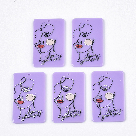 Acrylic Big Pendants, 3D Printed, Rectangle, Abstract Face & Love Yourself Pattern