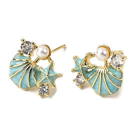 Серьги-гвоздики в форме ракушки с микропаве из прозрачного кубического циркония из латуни, с абс пластика имитация жемчуга и эмаль, стойки покрытие, долговечный, без кадмия и без свинца