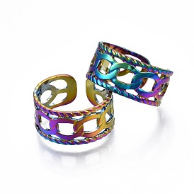 304 Stainless Steel Curb Chain Shape Cuff Ring, Rainbow Color Open Ring for Women