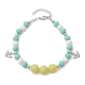 Natural Lemon Jade Beaded Anklets, Glass Beads and 304 Stainless Steel Bees Charms Anklets for Women