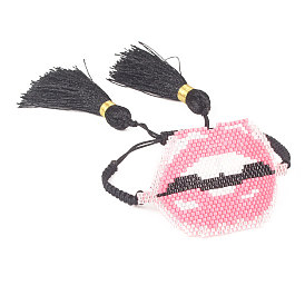Glass Seed Braided Bead Bracelet with Double Tassel, Sexy Lip Friendship Bracelet for Women
