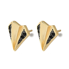 Rack Plating Brass Micro Pave Cubic Zirconia Stud Earring, Long-Lasting Plated, Cadmium Free & Lead Free, Triangle, Black