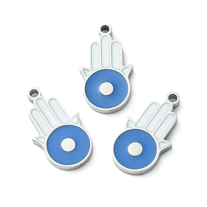 304 Stainless Steel Manual Polishing Charms, with Enamel, Hamsa Hand/Hand of Miriam with Evil Eye